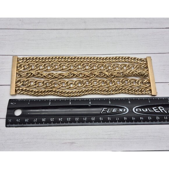 Brushed Gold Tone Multi Mixed Chain Magnetic Clasp 2.5" Wide Statement Bracelet - Picture 5 of 5